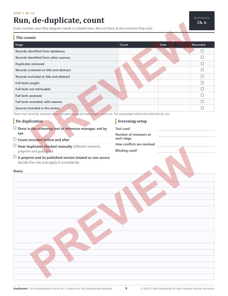 Preview of the kit, Step 7 — Run, de-duplicate, count (watermarked)